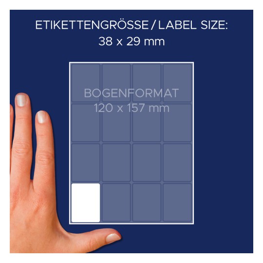 Veličina u usporedbi s rukom, Artikl: 3326, jedan list višenamjenskih naljepnica, Format: 38 x 29 mm, Boja: Bijela?
