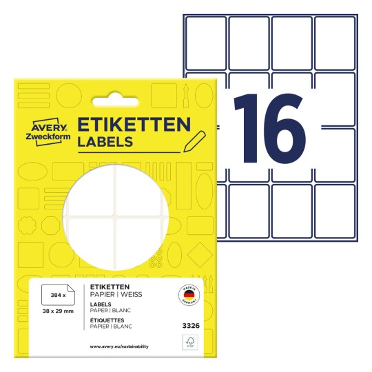 Slika pakiranja s listom naljepnica: Avery Zweckform višenamjenske naljepnice, Artikl: 3326, Format: 38 x 29 mm, Sadržaj: 384 naljepnica / 24 listova, 16 naljepnica/listu?