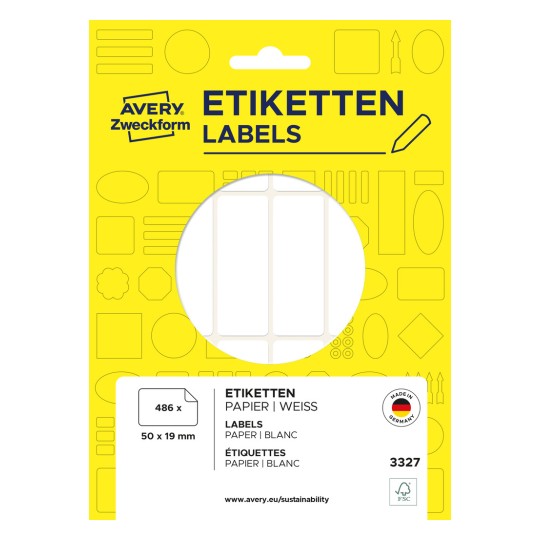Slika pakiranja: Avery Zweckform Universalne etikete za ručno pisanje, bez A4 formata, artikl: 3327, format: 50 x 19 mm, sadržaj: 486 etiketa / 27 listova, 18 etiketa po listu.
