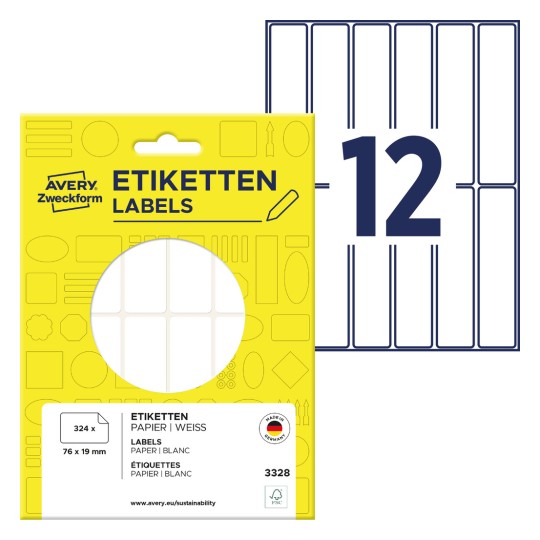 Slika pakiranja s listom etiketa: Avery Zweckform višenamjenske etikete, artikl: 3328, format: 76 x 19 mm, sadržaj: 324 etiketa / 27 listova, 12 etiketa/list?