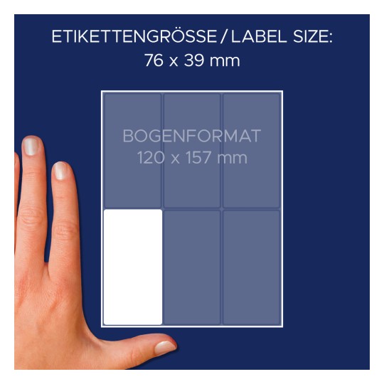 Veličina u usporedbi s rukom, artikl: 3329, jedan list višenamjenskih naljepnica, format: 76 x 39 mm, boja: bijela.