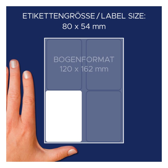 Usporedba veličine s rukom, artikal: 3330, jedan list višenamjenskih naljepnica, format: 80 x 54 mm, boja: bijela.