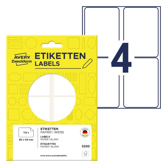 Slika ambalaže s arkom etiketa: Avery Zweckform višenamjenske etikete, artikl: 3330, format: 80 x 54 mm, sadržaj: 112 etiketa / 28 araka, 4 etikete/arak?
