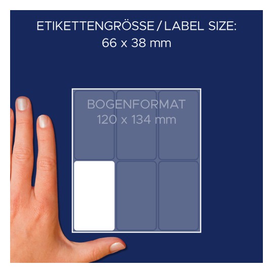Usporedba veličine s rukom, artikl: 3334, jedan list višenamjenskih naljepnica, format: 66 x 38 mm, boja: bijela?