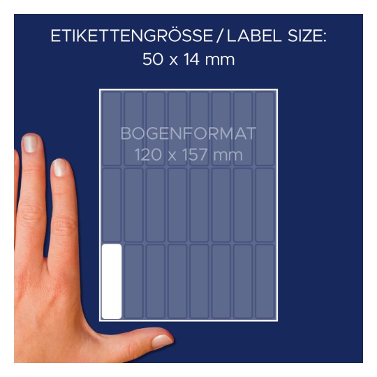 Usporedba veličine s rukom, artikl: 3336, jedan list višenamjenskih etiketa, format: 50 x 14 mm, boja: bijela.