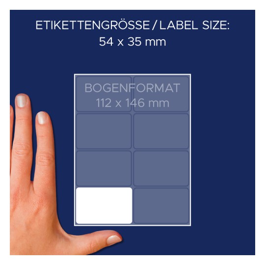 Veličina u usporedbi s rukom, Artikl: 3337, jedan list višenamjenskih etiketa, format: 54 x 35 mm, boja: bijela?