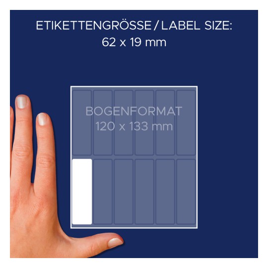 Veličina u usporedbi s rukom, Artikl: 3340, jedan list višenamjenskih etiketa, format: 62 x 19 mm, boja: bijela?
