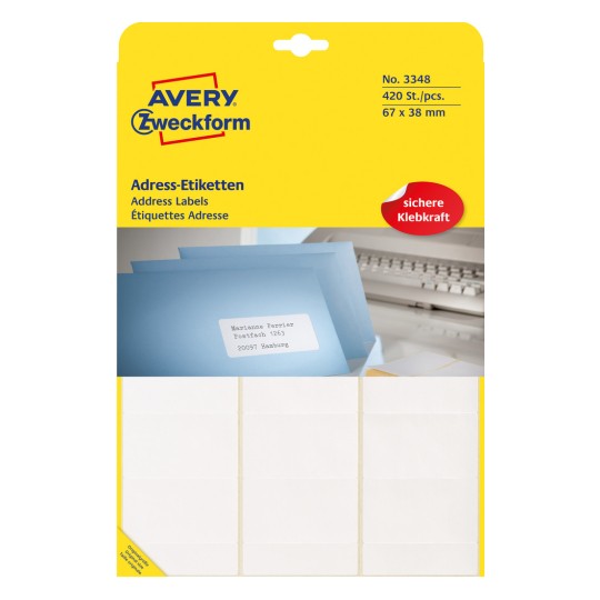 Slik pakiranja: Avery Zweckform naljepnice za ručno pisanje, Artikl: 3348, Format: 67 x 38 mm, Sposobnost tiska: pisaći stroj, Sadržaj: 420 naljepnica / 20 listova, 21 naljepnica/list?