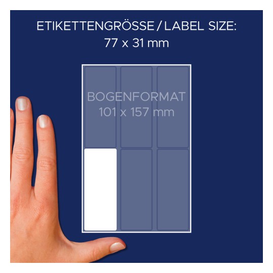 Veličina u usporedbi s rukom, Članak: 3362, jedan list višenamjenskih naljepnica, Format: 77 x 31 mm, Boja: Bijela