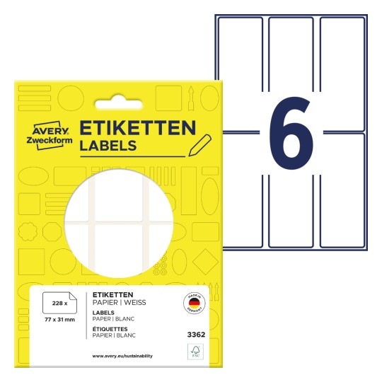 Pakiranje sa listom etiketa: Avery Zweckform višenamjenske etikete, artikl: 3362, format: 77 x 31 mm, sadržaj: 228 etiketa / 38 listova, 6 etiketa/list?
