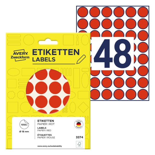 Slika pakiranja s listom naljepnica: Avery Zweckform, Artikl: 3374, Obojane markacijske točke, Format: ⌀ 18 mm, Sadržaj: 1.056 markacijskih točaka / 22 listova, 48 markacijskih točaka/list?
