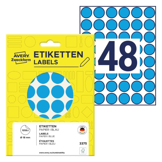 Slika pakiranja s listom naljepnica: Avery Zweckform oznake točkama, Artikel: 3375, Format: ⌀ 18 mm, Sadržaj: 1.056 oznaka točkama / 22 lista, 48 oznaka točkama/list?