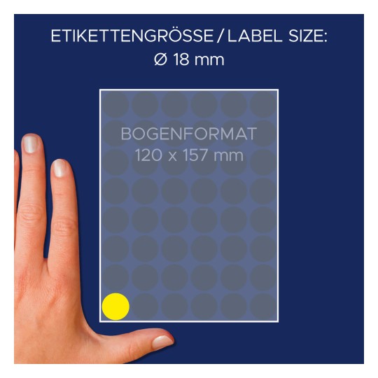 Usporedba veličine s rukom, Artikl: 3377, jedan list oznaka točaka, Format: ⌀ 18 mm, Boja: Žuta?