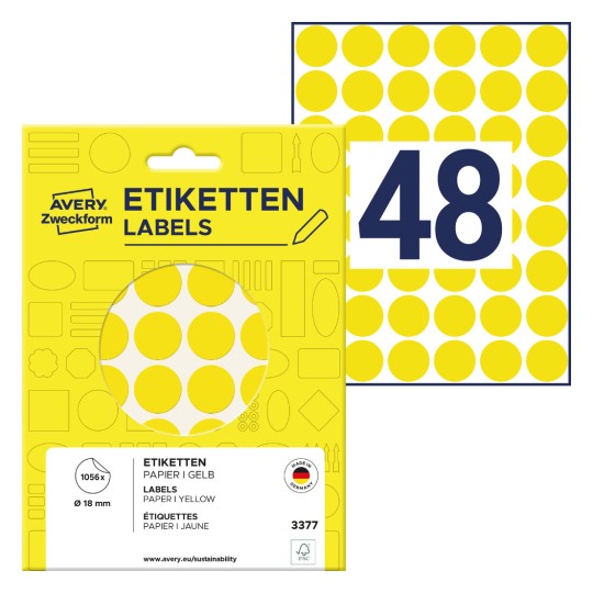 Pakiranje sa listom naljepnica: Avery Zweckform markeri, artikal: 3377, format: ⌀ 18 mm, sadržaj: 1.056 markera / 22 lista, 48 markera/list.