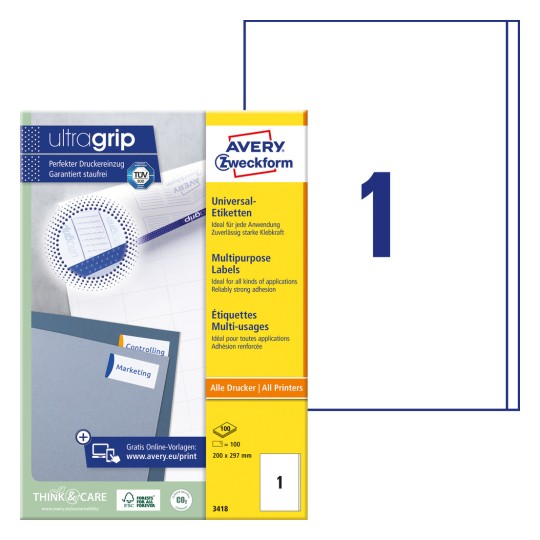 Slika pakiranja s listom etiketa: Avery Zweckform univerzalne etikete, Artikl: 3418, Format: 200 x 297 mm, Pogodno za ispis: Inkjet, laserski crno-bijeli, laserski u boji, Sadržaj: 100 etiketa / 100 listova, 1 etiketa/list?