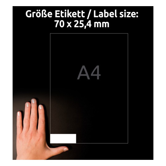 Usporedba veličine s rukom, artikl: 3421, jedan list univerzalnih naljepnica, format: 70 x 25,4 mm, boja: bijela?