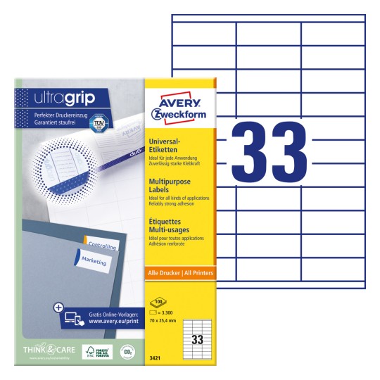 Pakiranje sa listovima etiketa: Avery Zweckform univerzalne etikete, članak: 3421, format: 70 x 25,4 mm, prikladno za ispis: inkjet, crno-bijeli laser, laserski u boji, sadržaj: 3.300 etiketa / 100 listova, 33 etikete/list.