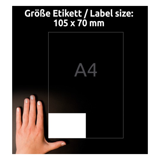 Usporedba veličine s rukom, Artikl: 3426, jedan list univerzalnih etiketa, format: 105 x 70 mm, boja: bijela.