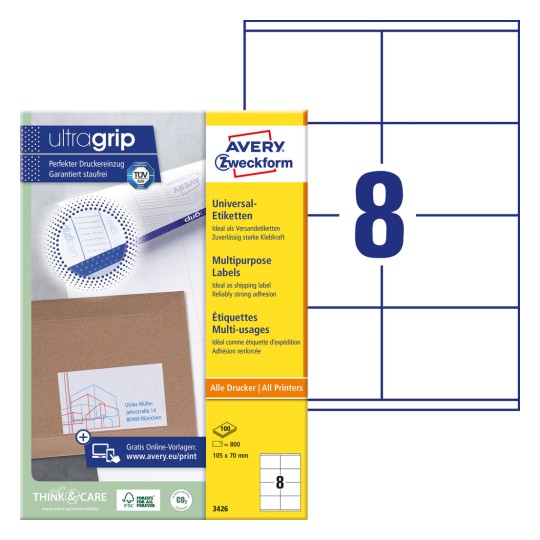 Slika paketa s arkom naljepnica: Avery Zweckform univerzalne naljepnice, artikl: 3426, format: 105 x 70 mm, pogodno za tiskanje: Inkjet, laser crno-bijeli, laserski kolor, sadrži: 800 naljepnica / 100 araka, 8 naljepnica/arku.