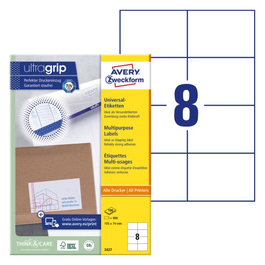 Slika pakiranja s listovima naljepnica: Avery Zweckform univerzalne naljepnice, artikal: 3427, format: 105 x 74 mm, prikladnost za ispis: tintni, crno-bijeli laserski, laserski u boji, sadrži: 800 naljepnica / 100 listova, 8 naljepnica/list?