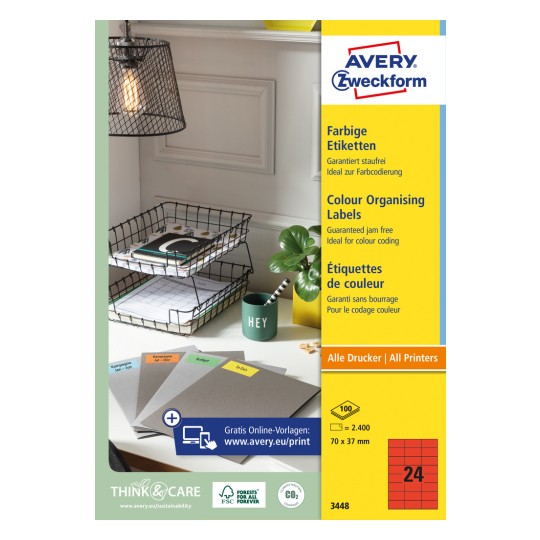 Slika pakiranja: Avery Zweckform obojeni etiketi, trajno ljepljivi, Artikl: 3448, Format: 70 x 37 mm, Pogodno za ispis: Inkjet, Crno-bijeli laser, Laserski u boji, Sadržaj: 2.400 etiketa / 100 listova, 24 etikete po listu.