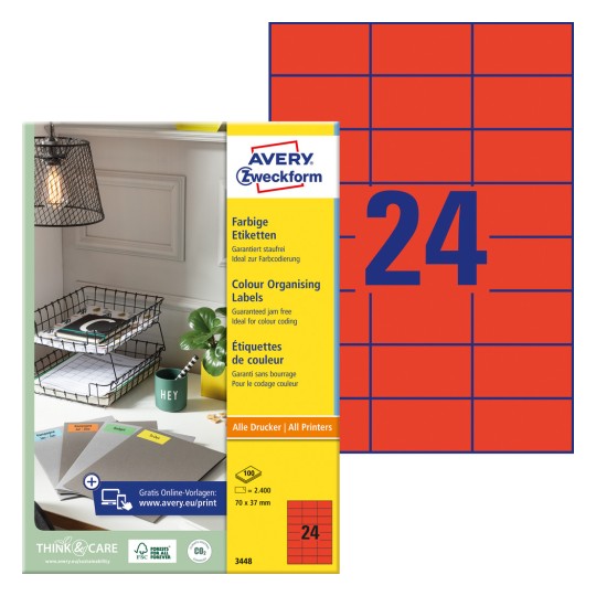 Slika pakiranja s listom naljepnica: Avery Zweckform obojene naljepnice, artikal: 3448, format: 70 x 37 mm, prikladnost za ispis: Inkjet, crno-bijeli laser, kolor laser, sadržaj: 2.400 naljepnica / 100 listova, 24 naljepnice/list.