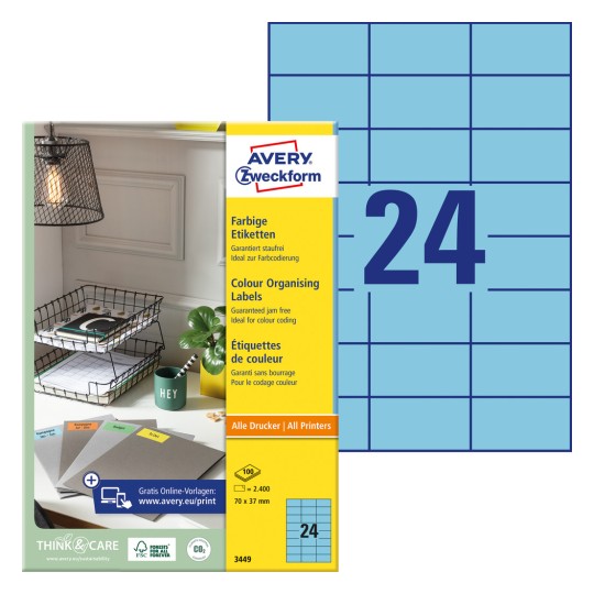 Slika pakiranja s listom naljepnica: Avery Zweckform obojene naljepnice, Artikl: 3449, Format: 70 x 37 mm, Pogodnost za ispis: Inkjet, laserski crno/bijeli, kolor laser, Sadržaj: 2.400 naljepnica / 100 listova, 24 naljepnice/ list?