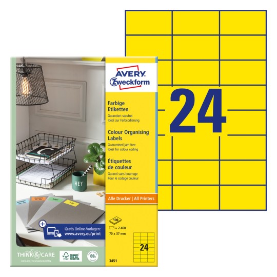 Slika pakiranja s listom naljepnica: Avery Zweckform Obojene naljepnice, Artikl: 3451, Format: 70 x 37 mm, Pogodno za ispis: Inkjet, crno-bijeli laser, laserski u boji, Sadržaj: 2.400 naljepnica / 100 listova, 24 naljepnice/listu