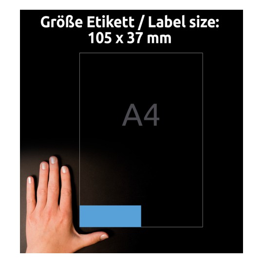 Usporedba veličine s rukom, Artikl: 3453, jedan list obojenih etiketa, Format: 105 x 37 mm, Boja: Plava?