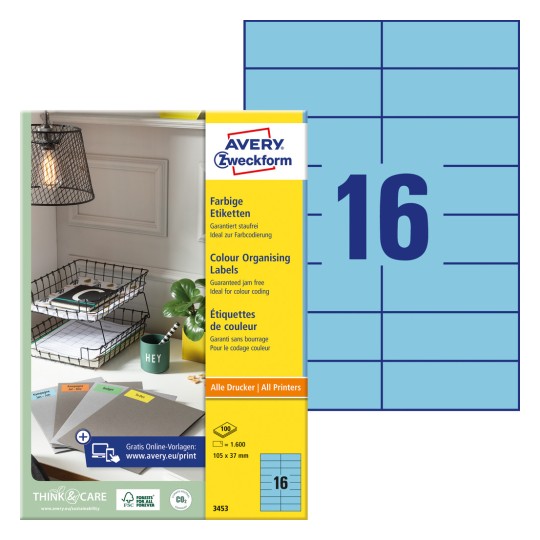 Pakiranje sa složenim etiketama: Avery Zweckform obojene etikete, Artikl: 3453, Format: 105 x 37 mm, prikladnost za ispis: Inkjet, crno-bijeli laserski, laserski u boji, Sadržaj: 1.600 etiketa / 100 listova, 16 etiketa po listu.