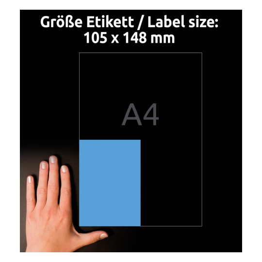 Veličina u usporedbi s rukom, Artikl: 3457, jedan list Obojenih naljepnica, Format: 105 x 148 mm, Boja: Plava?