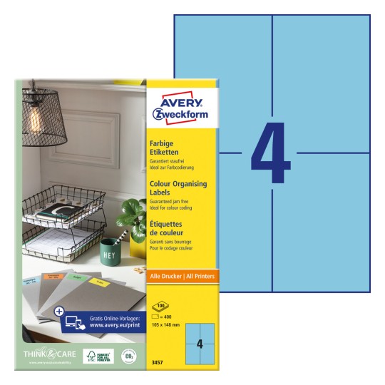 Slika pakiranja s arkom naljepnica: Avery Zweckform Šarene naljepnice, Artikl: 3457, Format: 105 x 148 mm, Prikladnost za ispis: Inkjet, crno-bijeli laserski pisač, kolor laserski pisač, Sadržaj: 400 naljepnica / 100 araka, 4 naljepnice/arak.