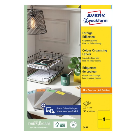 Slika pakiranja: Avery Zweckform Šarene naljepnice, trajno ljepljive, Artikl: 3459, Format: 105 x 148 mm, Pogodnost za ispis: Inkjet, crno-bijeli laser, laserski pisač u boji, Sadržaj: 400 naljepnica / 100 listova, 4 naljepnice/ list?