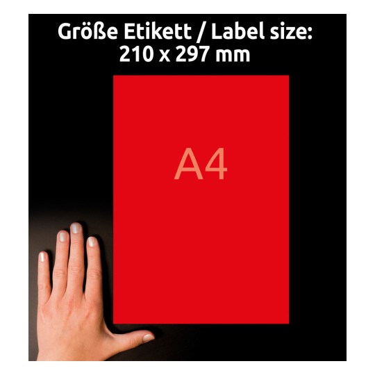 Usporedba veličine s rukom, Artikl: 3470, jedan list obojenih naljepnica, format: 210 x 297 mm, boja: Crvena.