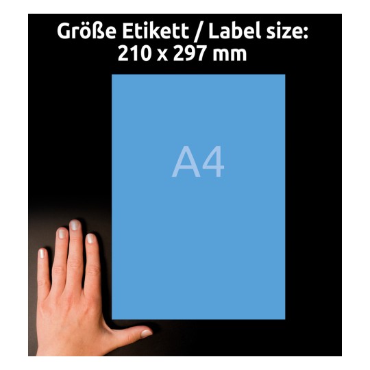 Veličina u usporedbi s rukom, Artikl: 3471, jedan list Obojenih naljepnica, Format: 210 x 297 mm, Boja: Plava?