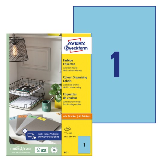 Pakiranje sa listovima naljepnica: Avery Zweckform obojene naljepnice, artikal: 3471, format: 210 x 297 mm, prikladnost za ispis: Inkjet, crno-bijeli laser, kolor laser, sadržaj: 100 naljepnica / 100 listova, 1 naljepnica/list?