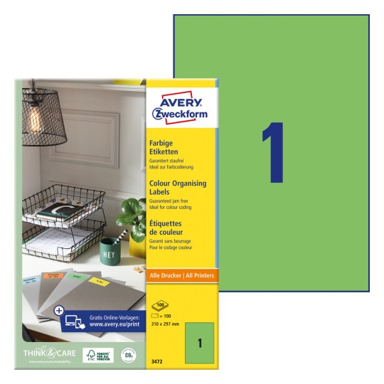 Pakiranje sa listom naljepnica: Avery Zweckform Obojene Naljepnice, Artikl: 3472, Format: 210 x 297 mm, Pogodno za pisače: Inkjet, crno-bijeli laser, laserski pisači u boji, Sadržaj: 100 naljepnica / 100 listova, 1 naljepnica/list?