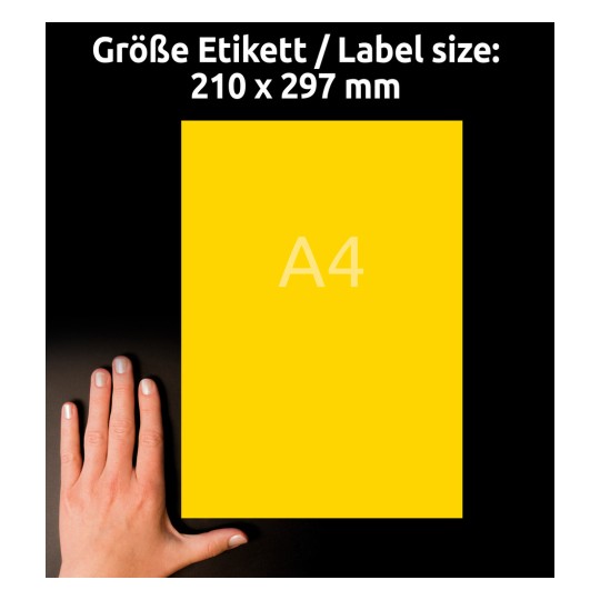 Veličina u usporedbi s rukom, artikl: 3473, jedan list obojenih etiketa, format: 210 x 297 mm, boja: žuta.
