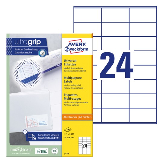 Prikaz pakiranja s listom naljepnica: Avery Zweckform univerzalne naljepnice, artikel: 3475, format: 70 x 36 mm, prikladnost za ispis: Inkjet, crno-bijeli laser, laserski pisač u boji, sadržaj: 2.400 naljepnica / 100 listova, 24 naljepnice po listu.
