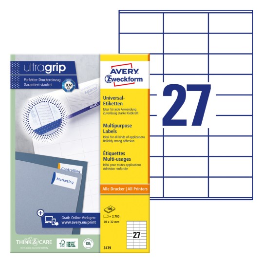 Slika pakiranja s listom naljepnica: Avery Zweckform univerzalne naljepnice, artikal: 3479, format: 70 x 32 mm, prikladnost za ispis: Inkjet, crno-bijeli laser, laserski ispis u boji, sadržaj: 2.700 naljepnica / 100 listova, 27 naljepnica/ list?