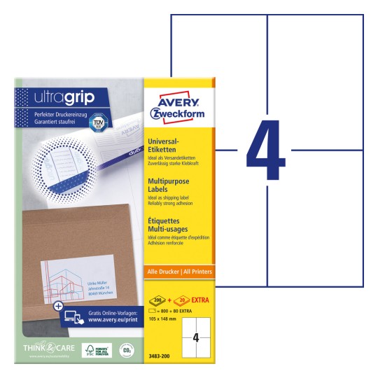 Slika pakiranja s listom naljepnica: Avery Zweckform univerzalne naljepnice, Artikl: 3483-200, Format: 105 x 148 mm, Prikladno za ispis: Inkjet, crno-bijeli laser, laserski pisač u boji, Sadržaj: 880 naljepnica / 220 listova, 4 naljepnice/list?