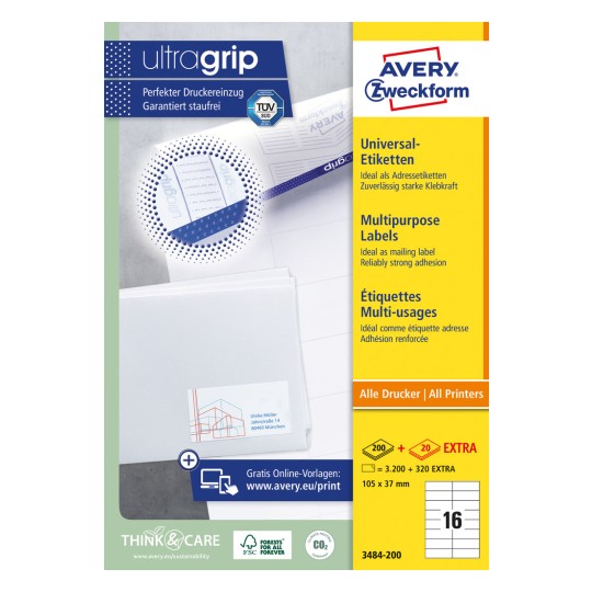 Slika pakiranja: Avery Zweckform univerzalne etikete, trajno ljepljive, artikl: 3484-200, format: 105 x 37 mm, prikladno za ispis: inkjet, crno-bijeli laserski, laserski u boji, sadržaj: 3.520 etiketa / 220 listova, 16 etiketa/list.