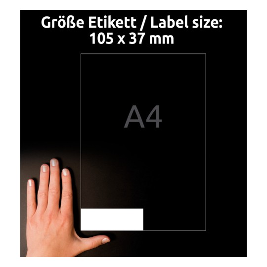 Usporedba veličine s rukom, Artikal: 3484, jedan list univerzalnih naljepnica, format: 105 x 37 mm, boja: bijela.