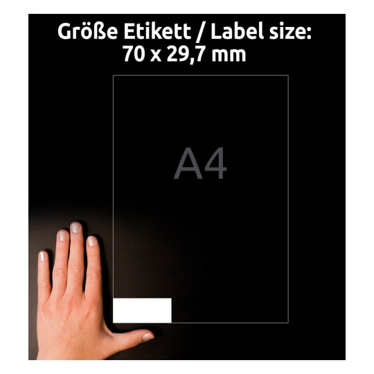 Usporedba veličine s rukom, Članak: 3489, jedan list univerzalnih naljepnica, Format: 70 x 29,7 mm, Boja: Bijela?