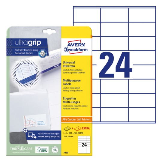 Slika pakiranja s listom etiketa: Avery Zweckform univerzalne etikete, artikl:  3490, format: 70 x 36 mm, prikladnost za ispis: inkjet, crno-bijeli laser, laserski u boji, sadržaj: 720 etiketa / 30 listova, 24 etikete/list?