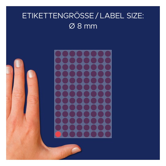 Veličina u usporedbi s rukom, Artikl: 3589, jedan list označavajućih točaka, Format: ⌀ 8 mm, Boja: Crvena?