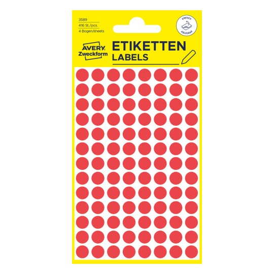 Slika pakiranja: Avery Zweckform obojeni markeri, artikl: 3589, format: ⌀ 8 mm, sadržaj: 416 markera / 4 lista, 104 markera/list?