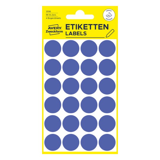 Slika pakiranja: Avery Zweckform Obilježivači u boji, Artikal: 3596, Format: ⌀ 18 mm, Sadržaj: 96 obilježivača / 4 lista, 24 obilježivača/list?