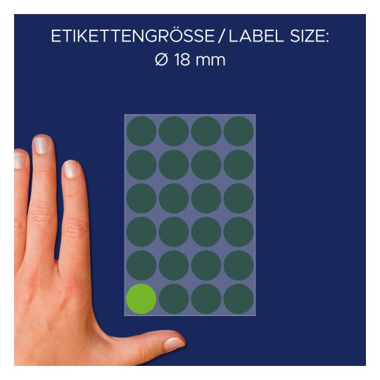 Usporedba veličine s rukom, artikal: 3597, jedan list s oznakama, format: ⌀ 18 mm, boja: zelena?