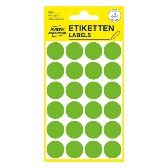 Slika pakiranja: Avery Zweckform obojene oznake, artikl: 3597, format: ⌀ 18 mm, sadržaj: 96 oznaka / 4 lista, 24 oznake/list?